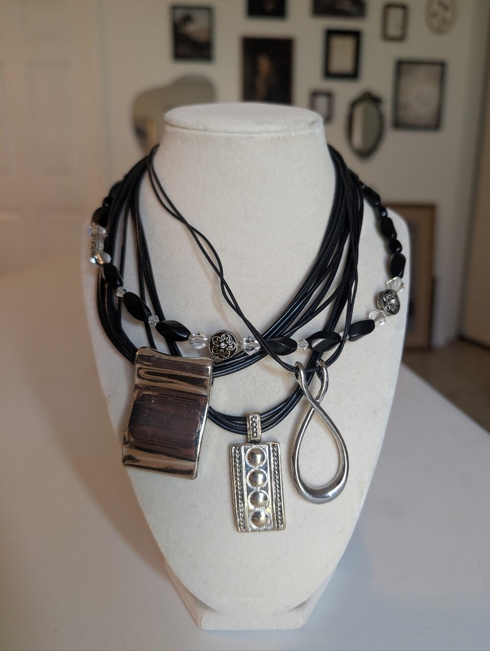Multi-Strand Black & Silver Pendant Necklace Lot Vintage Jewelry
